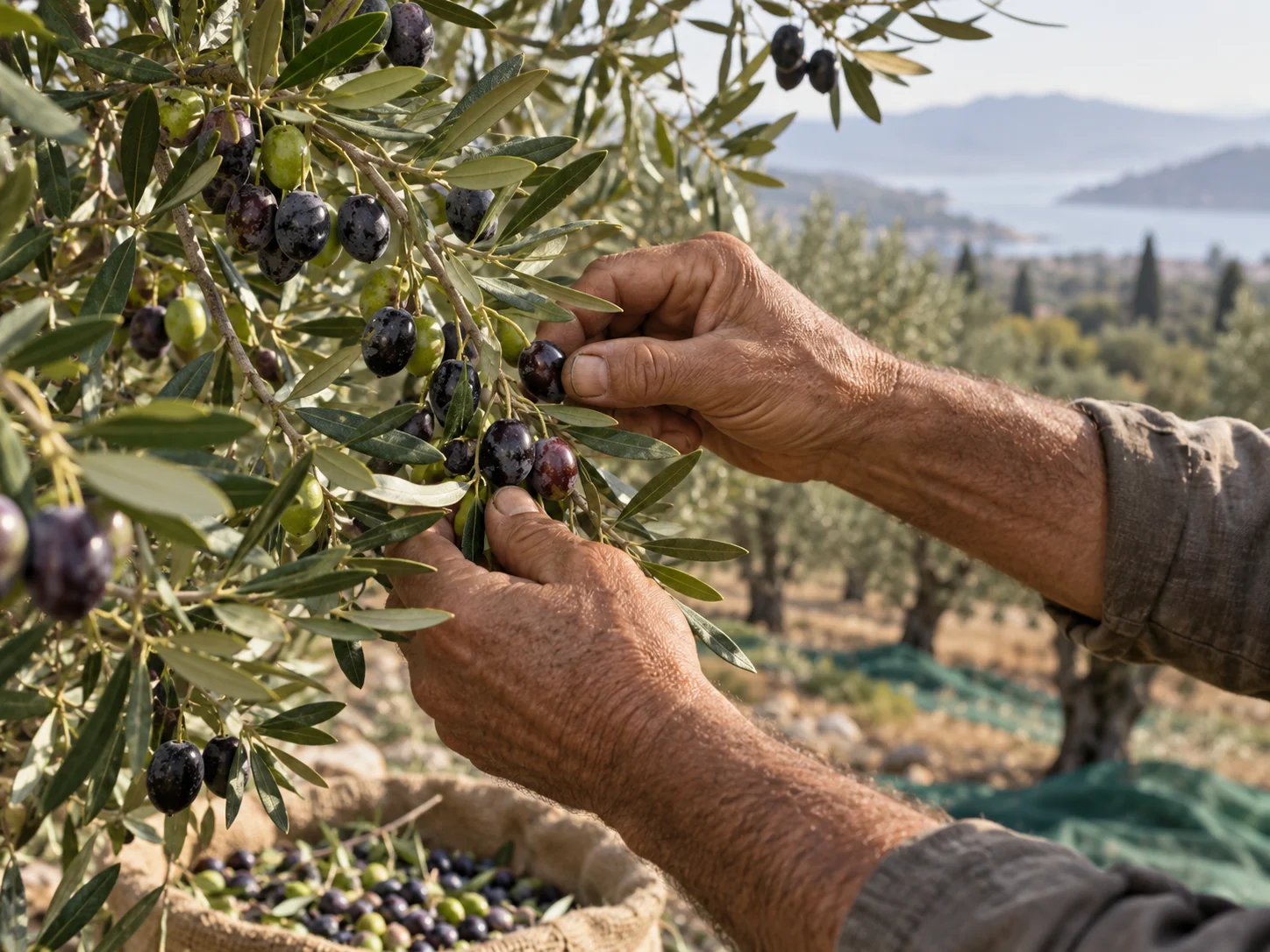 Zeytin ağacından olgun zeytinleri toplayan bir çiftçi